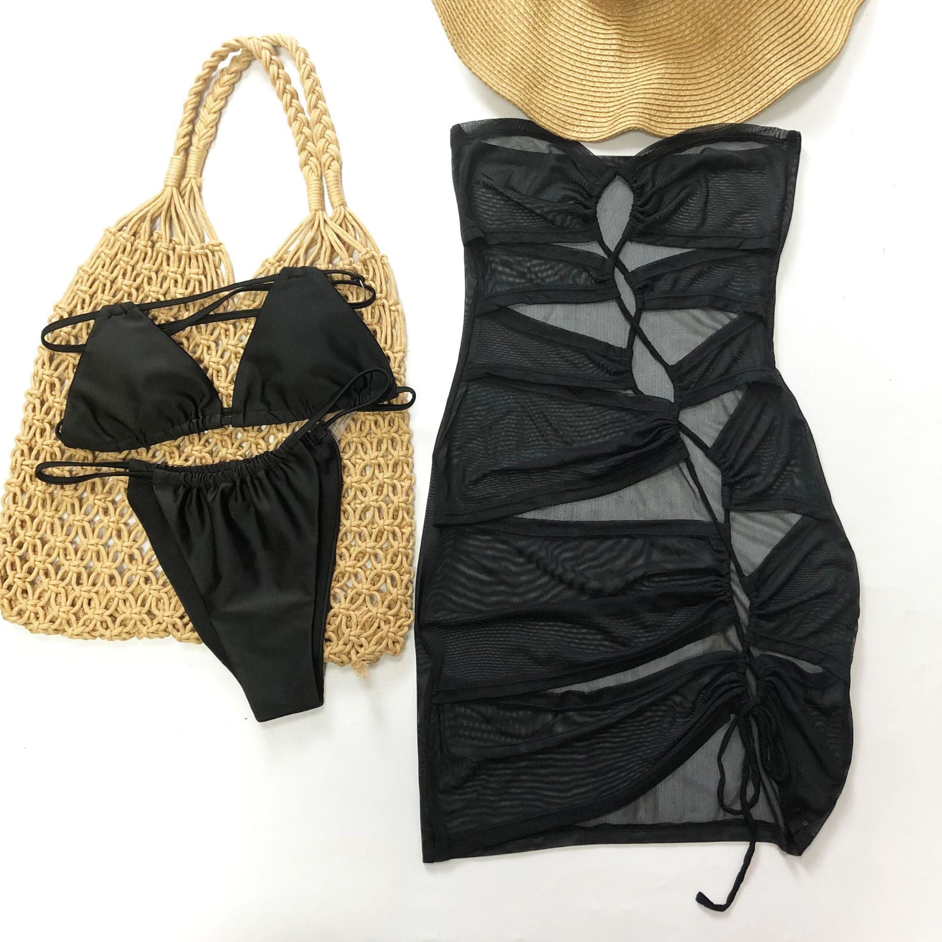 Swimwear Sexy Lacing Bandage Solid Color Ladies Three Piece Set Bikini Bella Mia